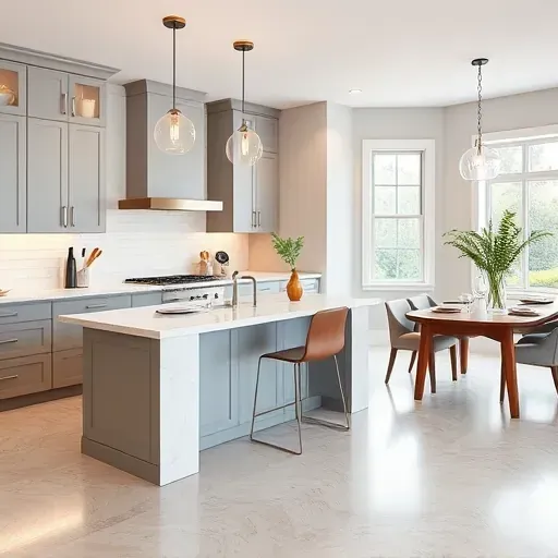 Stunning kitchen remodel in Bridgeville PA featuring modern gray cabinetry, quartz countertops, and a warm, inviting atmosphere.