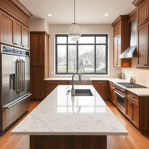 Renovated Charleroi PA kitchen with granite counters stainless steel appliances wooden cabinetry marble island natural light hardwood floors and modern decor