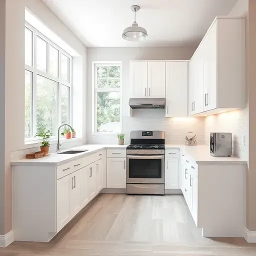 Recently remodeled small modern kitchen in Canonsburg PA with white cabinetry stainless steel appliances quartz countertop natural light and stylish decor