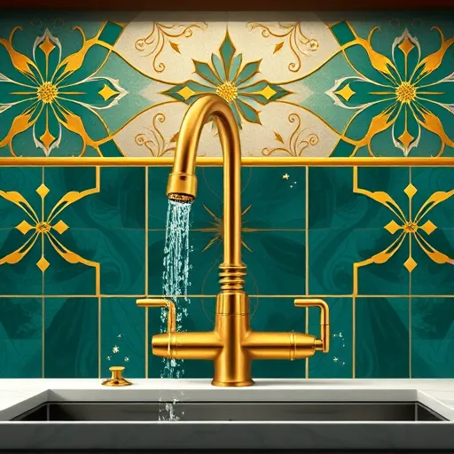 A detailed illustration of a vintage Art Deco kitchen faucet made of polished brass with intricate geometric patterns. The faucet is the focal point, with water flowing in stylized arcs that evoke elegance. The background features a luxurious tiled backsplash with symmetrical, deep emerald green and gold accents. Surrounding the faucet are abstract shapes and motifs in muted gold and dark teal, adding rhythm and sophistication. Playful, tiny decorative water droplets with faces and starburst reflections add quirky charm. The scene hints at a high-end, timeless kitchen environment with marble countertops and ornate cabinetry with bold linear friezes. The composition emphasizes symmetry, glamour, and craftsmanship, with a rich color palette of golds, teals, and brass, capturing an elegant, vintage-inspired atmosphere.
