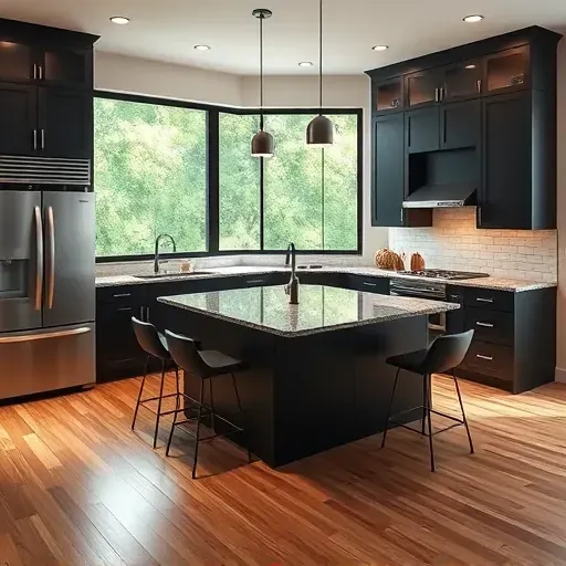 Modern remodeled Monongahela PA kitchen with dark matte cabinets stainless steel appliances granite countertops subway tile backsplash hardwood floors lush greenery outside