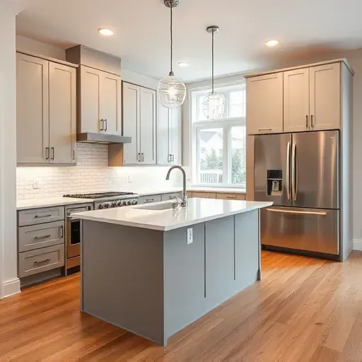 Recently remodeled Collier Township kitchen with sleek matte cabinets, central quartz island, stainless appliances, textured backsplash, and natural light