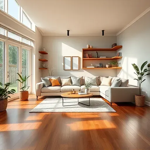 Modern living space in Oakdale PA features hardwood floors, stylish furniture, large windows, and indoor plants.