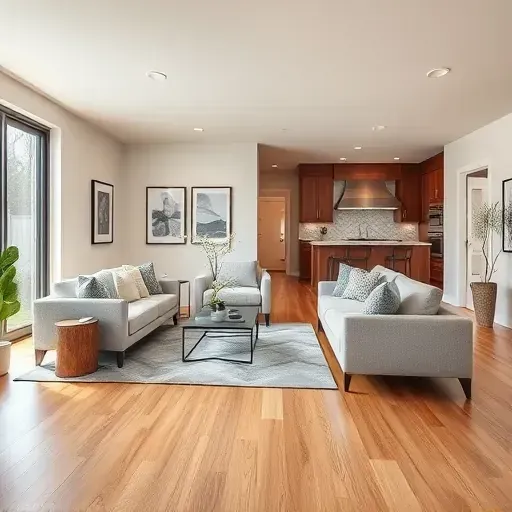 Modern living room remodel in Robinson Township PA with sleek furniture, warm wood floors, natural light, and custom cabinetry.