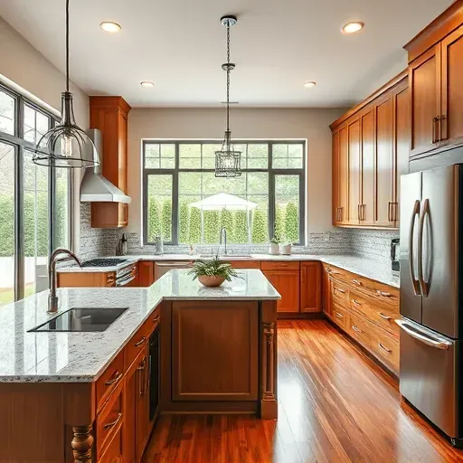 Renovated McMurray PA kitchen with granite countertops stainless steel appliances custom wood cabinetry hardwood floors and natural light