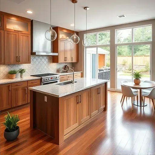 Modern kitchen remodel in Washington PA with wood cabinetry, granite island, stainless steel appliances, and natural lighting.