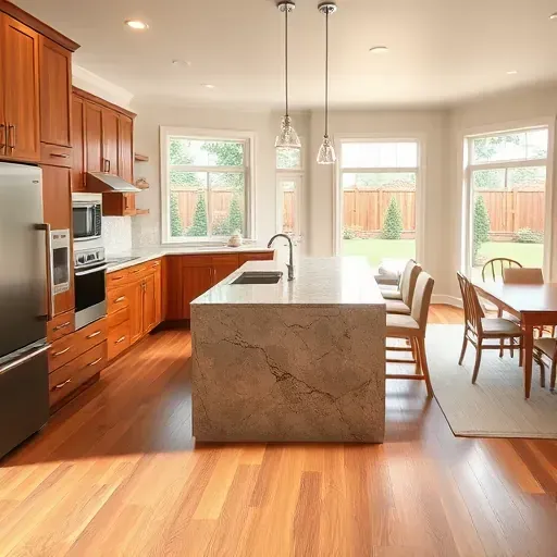 Modern kitchen in Upper St. Clair PA with wooden cabinets, granite island, stainless steel appliances, hardwood floors, and natural light