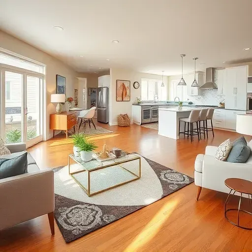 Spacious remodeled living room in Oakdale PA with modern decor, large windows, and an open kitchen layout.