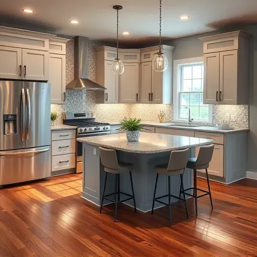 Modern kitchen remodel in North Strabane PA featuring high-end appliances, granite countertops, and elegant décor.