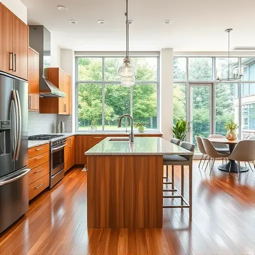 Finished modern kitchen in Canonsburg PA with granite countertops stainless steel appliances and warm wood cabinets