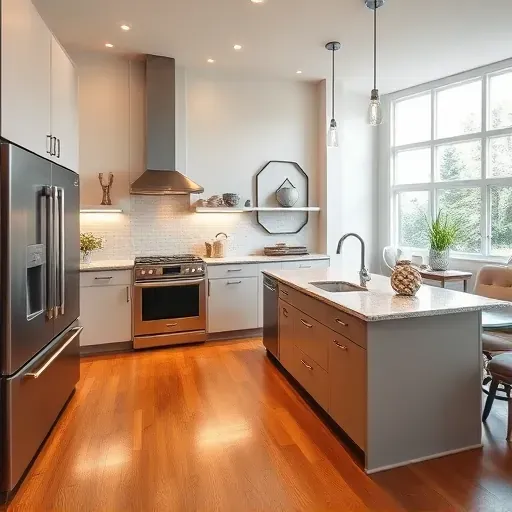Modern kitchen in South Strabane PA with matte cabinets stainless steel appliances granite island hardwood floors and open living space