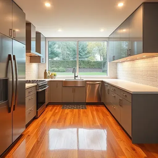 Recently remodeled modern kitchen in Midway PA with matte cabinets stainless appliances quartz counters herringbone tile hardwood floor view of backyard