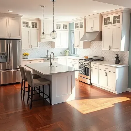 Modern kitchen renovation in McKees Rocks, PA featuring white cabinetry, quartz countertops, and stainless steel appliances.