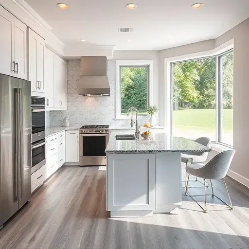 Modern kitchen remodel in Mount Lebanon PA featuring custom white cabinetry, granite island, glass tile backsplash and hardwood floor.