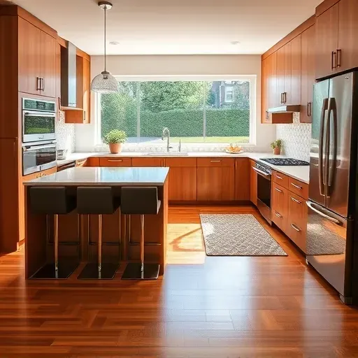 Remodeled Canonsburg kitchen with natural wood cabinets quartz countertops stainless steel appliances large windows hardwood flooring and modern design