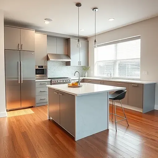 Remodeled Robinson Township kitchen with matte modern cabinets, quartz countertops, stainless appliances, hardwood flooring, and natural light