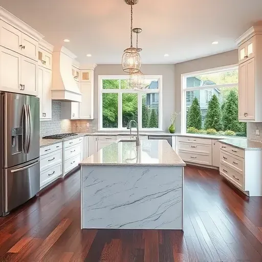 Sophisticated modern kitchen remodel in Upper St. Clair PA with sleek cabinetry, granite island, and serene garden view.