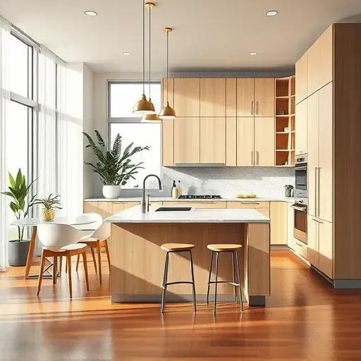 Modern kitchen in Hickory PA featuring light wood cabinetry, marble countertops, and stainless steel appliances. Bright and inviting.