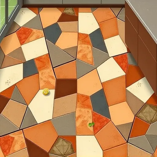 An abstract, vibrant cubism-style depiction of tile kitchen flooring featuring geometric shapes and fragmented planes. The mosaic comprises irregular polygons in earthy browns, warm terracotta, subtle creams, and cool slate gray shades, creating a cozy yet sophisticated ambiance. exaggerated sharp angles and overlapping facets add depth and movement to the tiles, resembling a lively, multifaceted mosaic. Playful hidden details include mini stylized fruit and vegetable shapes, such as a segmented lemon and a faceted carrot, embedded subtly among the tiles to add whimsical charm. The background suggests a modern kitchen with simplified, abstracted elements like countertops, stoves, sinks, and reflections of utensils, all integrated in geometric forms. The overall composition balances structured chaos with harmony, evoking creativity and culinary coziness. Bold outlines and contrasting color blocks generate a lively, energetic atmosphere, perfectly capturing a stylish, playful, and functional kitchen decor theme.