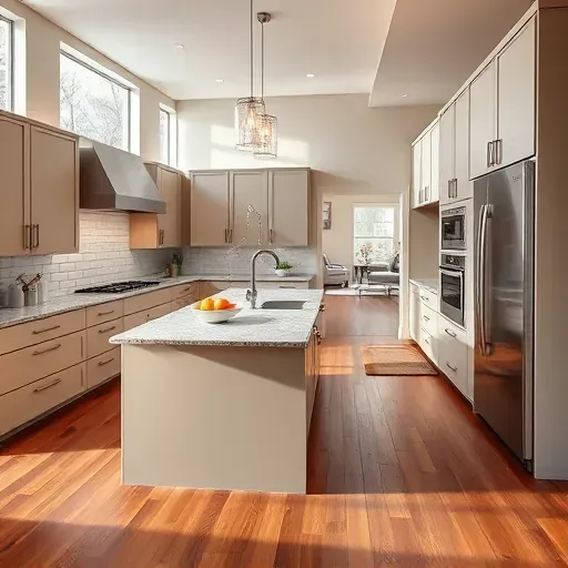 Renovated modern kitchen in Peters Township PA with sleek matte cabinets, large granite island, subway tile backsplash, stainless appliances, hardwood floors, and natural light.