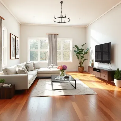 Remodeled living room in Midway PA with modern furniture, neutral tones, elegant decor, and bright sunlight.