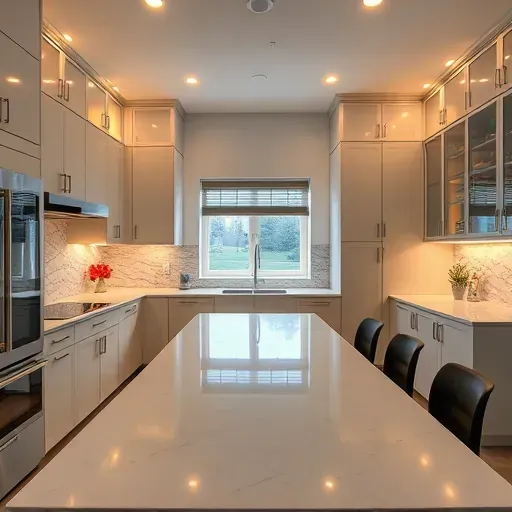 Modern kitchen with sleek cabinetry, polished quartz countertops, LED lighting, spacious island, and natural light in Canonsburg PA