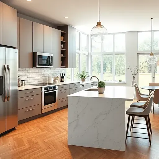 Renovated South Strabane kitchen with sleek matte cabinets quartz island stainless appliances stylish backsplash hardwood flooring and modern decor