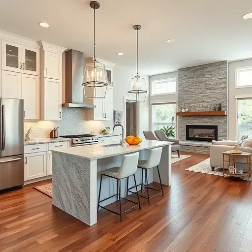 Modern kitchen remodel in South Strabane PA with granite countertops, custom cabinetry, and open-concept layout featuring hardwood floors.