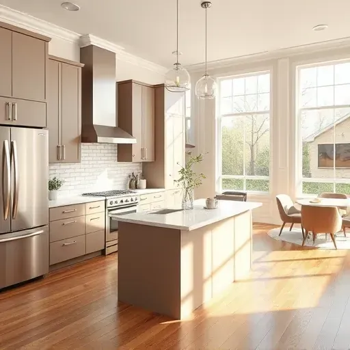 Modern kitchen remodel in Bridgeville PA with sleek cabinetry, stainless steel appliances, marble island, and cozy hardwood floors.