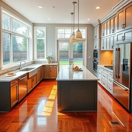 Renovated Baldwin PA kitchen with granite counters stainless steel appliances custom cabinetry hardwood floors and landscaped backyard view