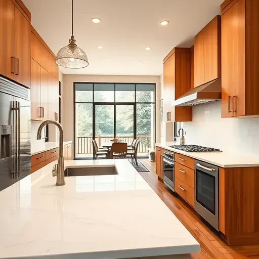 Renovated modern kitchen in Imperial PA with warm wood cabinets stainless steel appliances quartz countertops and natural light