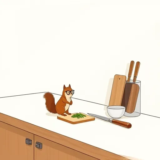 A sleek, minimalist illustration of a modern kitchen workspace featuring a polished butcher block countertop installation. The scene highlights the natural wood grain in warm honey and amber tones, contrasting against a clean, matte white background. The countertop has a seamless edge with minimal hardware, emphasizing craftsmanship. Arranged on the surface are simple, functional kitchen utensils, including a knife, cutting board, and small bowl, arranged neatly to suggest usability without clutter. A whimsical touch is added with a cute cartoon squirrel wearing glasses, inspecting a freshly sliced vegetable, introducing personality and fun to the scene. The background includes abstract geometric shapes representing subtle shadows and reflections, evoking a calm, organized kitchen environment. Warm, soft lighting creates an inviting, cozy ambiance, complementing the modern and elegant art style characterized by clean lines, minimal detail, and a restrained color palette of earth tones, soft whites, and gentle grays. This illustration beautifully combines craftsmanship, functionality, and playful charm perfect for showcasing contemporary kitchen design and butcher block countertops.