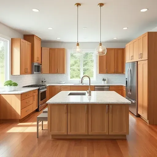 Remodeled modern kitchen in Muse PA with wood cabinets stainless steel appliances granite island pendant lighting and large windows
