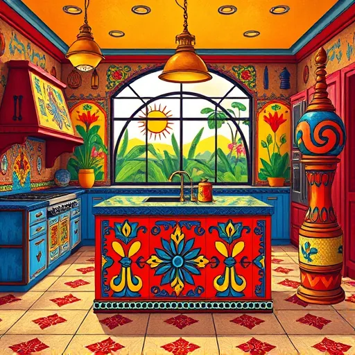 A vibrant kitchen redesign depicted in the Mexican Muralism style, featuring bold sweeping lines, exaggerated perspectives, and rich saturated colors. The scene includes a large central island adorned with Talavera-style tiles in cobalt blue, fiery red, and sunny yellow, reflecting warmth and vitality. Flanking the island are oversized, stylized utensils—spoons, spatulas, and knives—with indigenous-inspired decorative motifs, adding playful whimsy. The cabinetry displays solar motifs and geometric shapes, highlighting functional art, while a colorful mural-style backsplash showcases lively abstract forms and stylized flora, symbolizing freshness and creativity. Ornate, exaggerated pendant lamps cast warm golden light, enhancing the vivid palette and festive atmosphere. In the background, a large window with intricate ironwork frames a stylized garden scene of tropical plants and flowering trees, rendered in simplified bold forms, creating depth and harmony with nature. Quirky details include a mischievous smiling sun peeking through the window and a cheerful, oversized pepper grinder with dynamic swirl patterns, giving the space personality. The overall composition blends playful energy with cultural tradition, combining modern culinary inspiration with mural-like textures and storytelling to evoke a lively, community-driven kitchen environment.