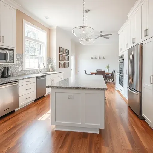 Remodeled Carnegie PA kitchen with stainless steel appliances, white cabinets, granite island, mosaic backsplash, hardwood flooring