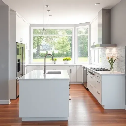 Remodeled modern kitchen in McMurray PA with white matte cabinets, quartz island, high-end appliances, hardwood floors, and natural light