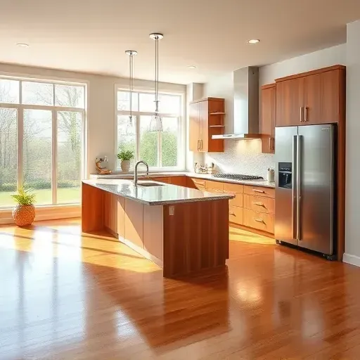 Modern kitchen remodel in Canonsburg PA featuring high-end appliances, granite island, warm wood cabinetry, and natural light.