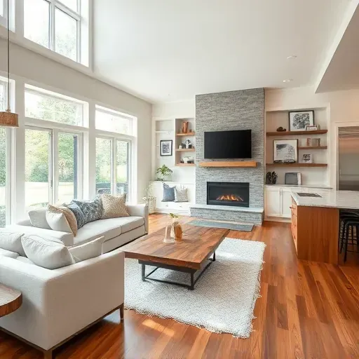 Remodeled living room in Imperial PA with natural light, hardwood floors, cozy sofa, and modern fireplace.
