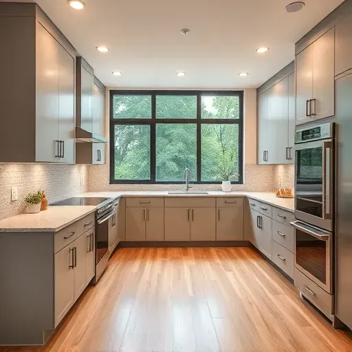 Beautiful renovated kitchen in McKees Rocks PA with modern matte cabinetry, stainless steel appliances, granite countertops, mosaic backsplash, hardwood floors, and large windows displaying lush greenery