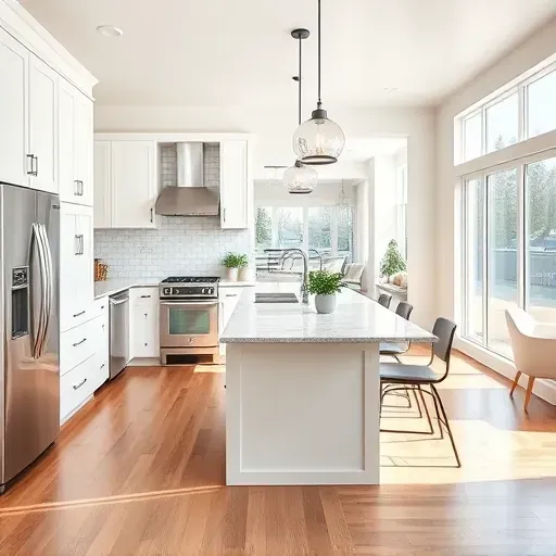 Remodeled Independence PA kitchen with quartz counters stainless-steel appliances white cabinetry hardwood floors and modern lighting