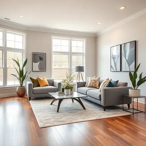 Elegant living room remodel in Mount Lebanon PA featuring large windows, hardwood floors, modern furnishings, and stylish decor.