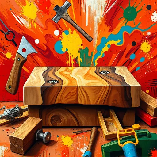 A vibrant neo-expressionist artwork depicting a butcher block countertop installation scene. The central focus is a sturdy wooden butcher block with exaggerated, textured swirling wood grain in fiery browns, deep oranges, and hints of lush green, symbolizing natural materials. Surrounding the countertop are whimsical, oversized tools such as a chisel, saw, and hammer, outlined with jagged, expressive strokes, adding a playful, chaotic vibe. The background erupts with lively reds, electric blues, and splashes of yellow, conveying a dynamic workshop environment filled with energy and movement. Painterly splatters and bold brushwork emphasize raw emotion and craftsmanship. Tiny, quirky faces embedded in the wood grain and abstract geometric shapes suggest workshop clutter and the artisan’s creative process. The overall composition captures the passionate artistry of transforming raw wood into functional art, celebrating woodworking craftsmanship with intense colors, expressive brushwork, and a lively, spirited atmosphere.