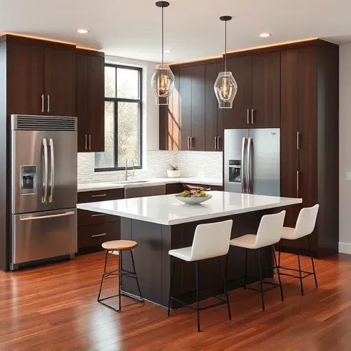 Modern kitchen remodel in Washington PA featuring dark wood cabinetry, white marble countertop, and stainless steel appliances.