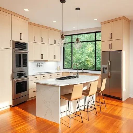 Modern renovated kitchen in Imperial PA featuring sleek handleless cabinets, granite countertops, stainless steel appliances, hardwood floors, and large windows.