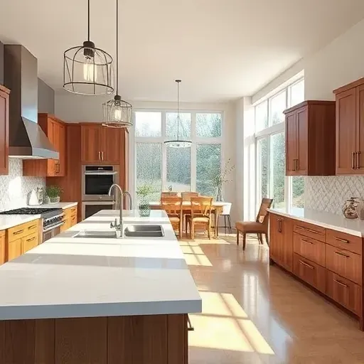 Modern Bethel Park kitchen remodel featuring quartz countertops, custom wood cabinetry, large island, and stainless steel appliances.