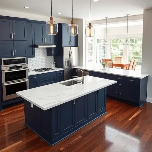 Remodeled Hickory PA kitchen with navy matte cabinets, marble countertops, large island, subway tile backsplash, stainless appliances, hardwood floors, and natural light