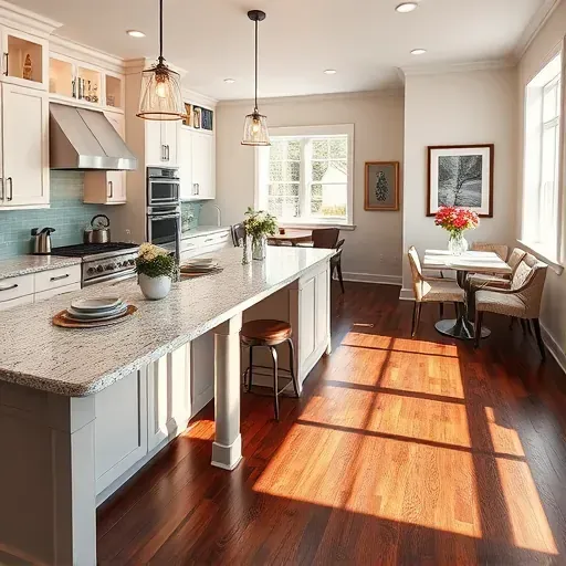 Modern Oakdale PA kitchen remodel featuring granite countertops, custom cabinetry, stainless steel appliances, and cozy dining area.