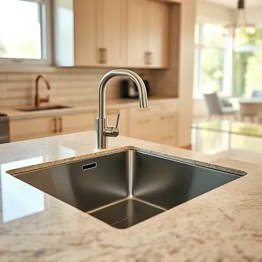 Shiny stainless steel kitchen sink with modern faucet in a sleek, contemporary kitchen with granite countertops and natural light