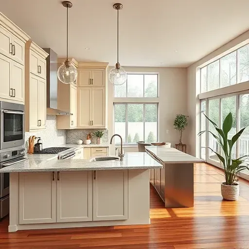 Modern kitchen remodel in Washington PA features granite countertops, stainless steel appliances, and elegant lighting.