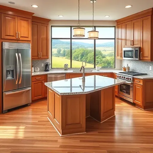 Remodeled kitchen in Avella PA with stainless steel appliances, granite island, and warm wood cabinetry. Natural light floods in.